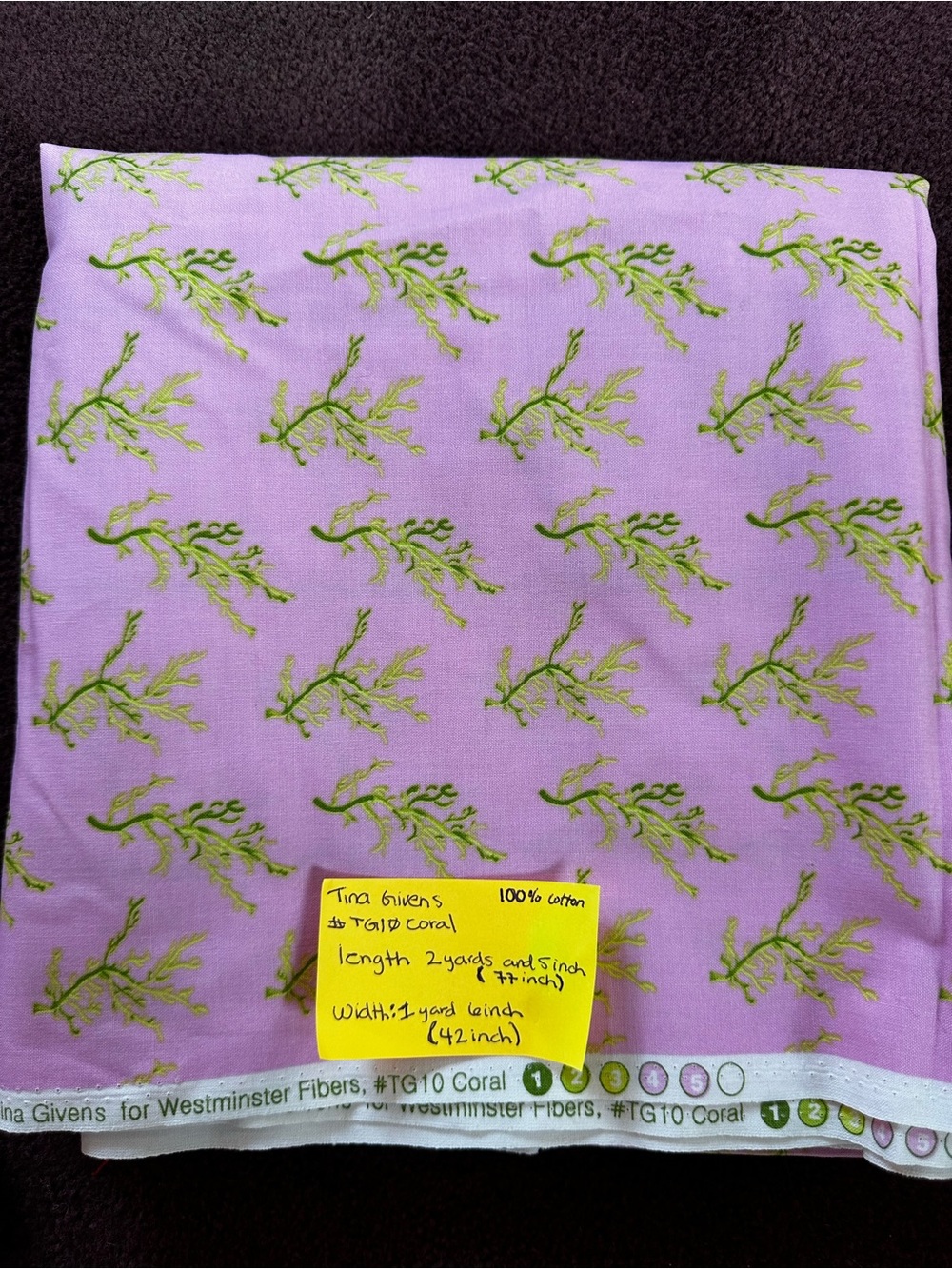 Coral Cotton Fabric with Green Seaweed Print